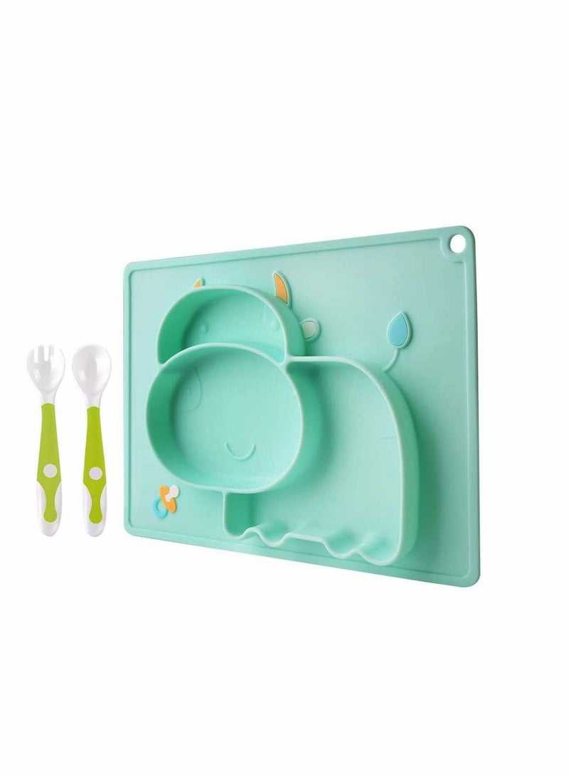 Baby Silicone Placemat, Non-Slip Feeding Plate for Toddlers Babies Kids with Strong Suction Fits Most Highchair Trays BPA-Free FDA Approved, Dishwasher and Microwave Safe with Spoon Fork