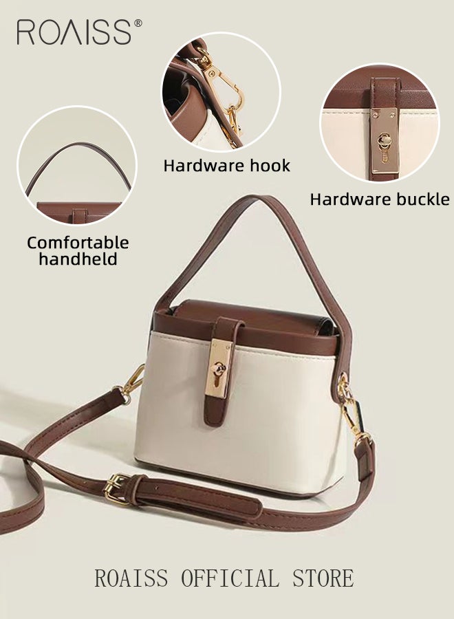 Top Handle Shoulder Bucket Bag for Women with Adjustable Strap Minimalist Lightweight Color Contrast Square Bag Handbags Ladies Girls Classic Leather Satchel Crossbody Bag for Commute