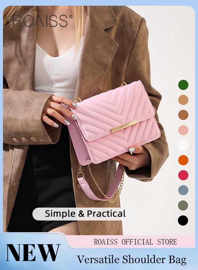 Chevron Pattern Square Flap Bag for Women Trendy Small Quilted Commuter Metal Decor Crossbody Bags Stylish Designer Evening Bag Clutch Purses and Handbags with Chain Shoulder Strap