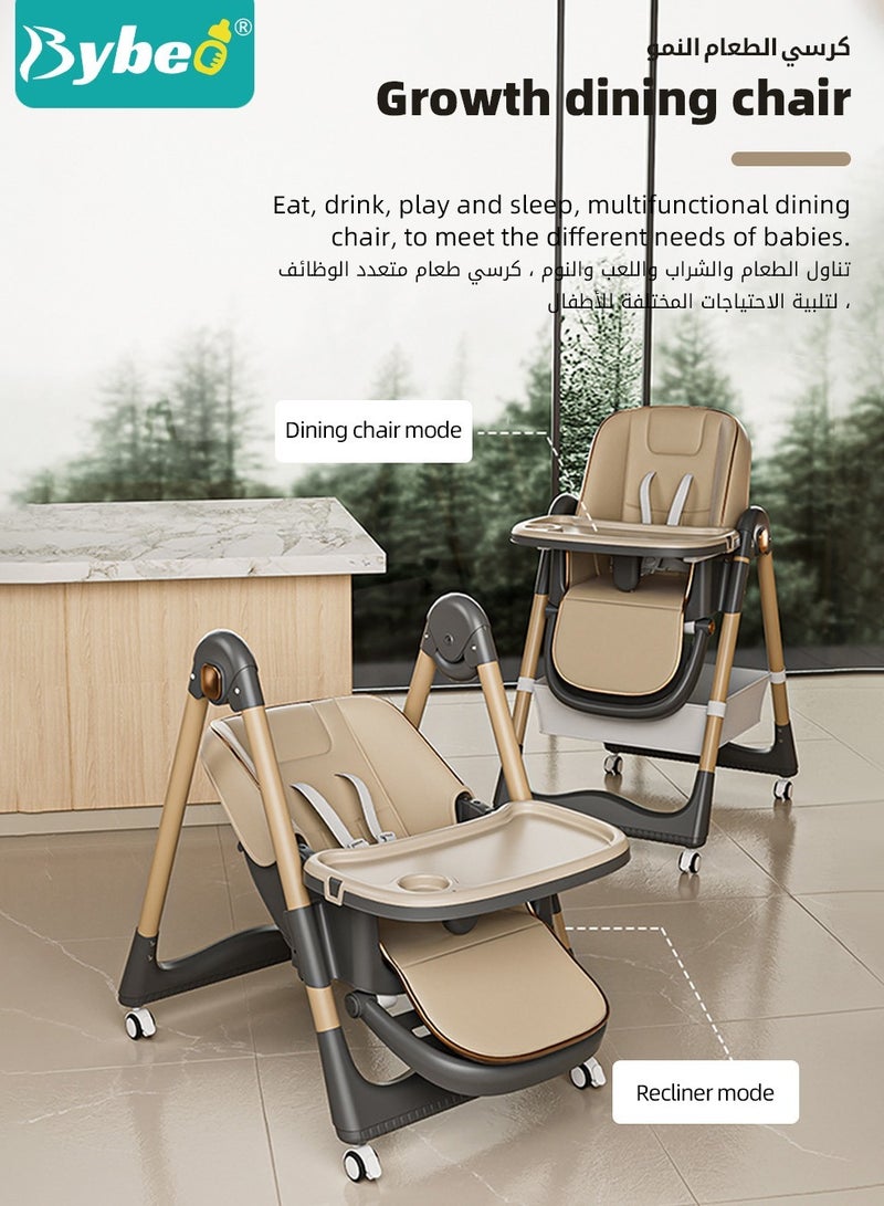 Baby High Chair, Foldable Children Dining Chairs for Eating With Wheels, Multifunctional Toddler Feeding Chair with Double Removable Tray, Adjustable Back and Footrest, Storage Pocket