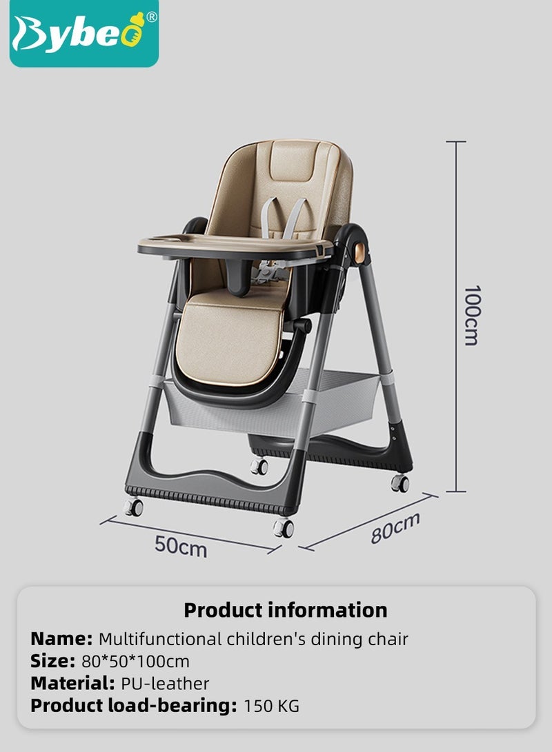 Baby High Chair, Foldable Children Dining Chairs for Eating With Wheels, Multifunctional Toddler Feeding Chair with Double Removable Tray, Adjustable Back and Footrest, Storage Pocket