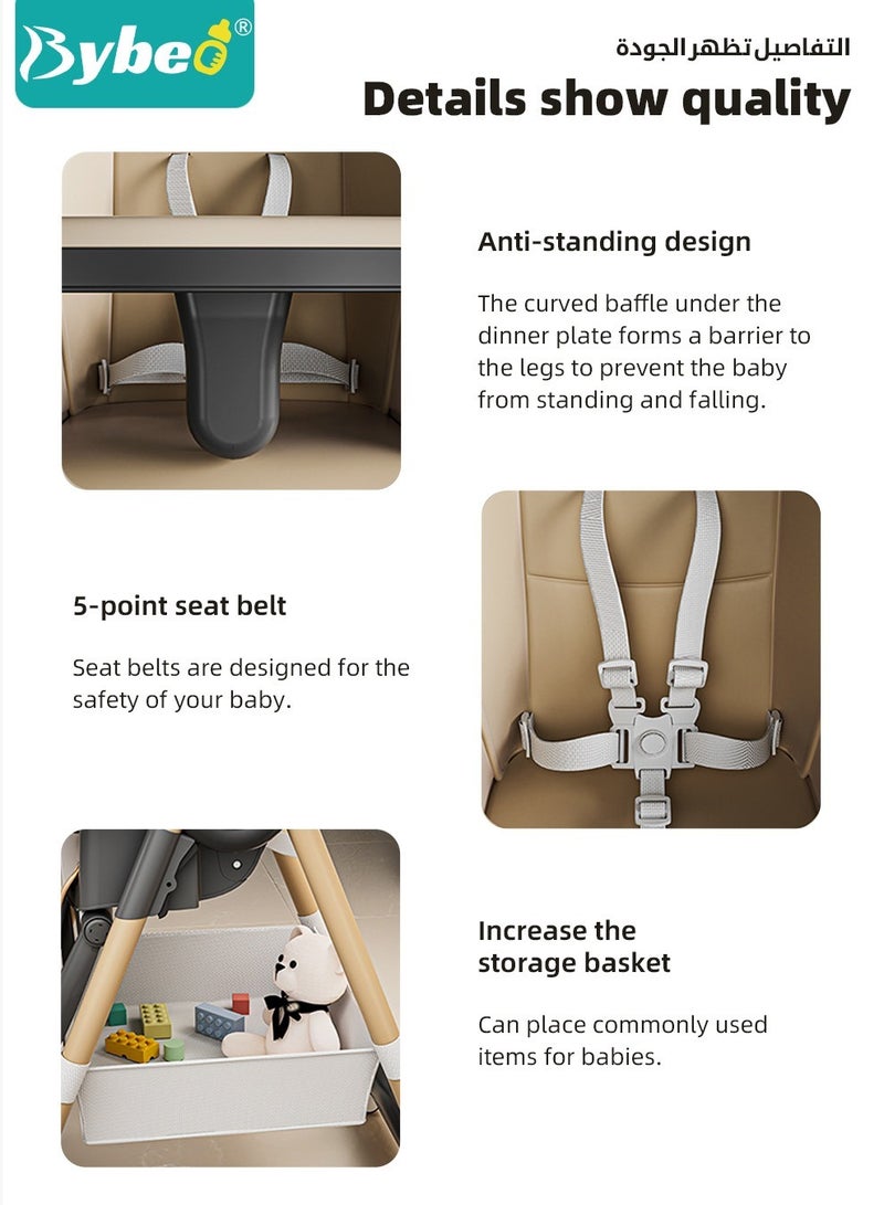 Baby High Chair, Foldable Children Dining Chairs for Eating With Wheels, Multifunctional Toddler Feeding Chair with Double Removable Tray, Adjustable Back and Footrest, Storage Pocket