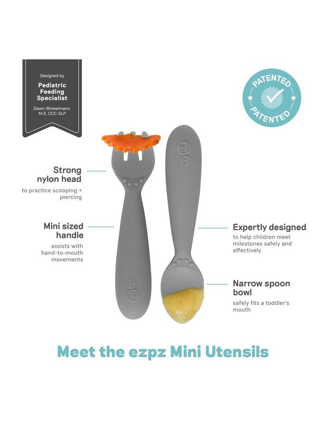 Mini Utensils 12 Months+ (Fork & Spoon In Gray) 100% Bpa Free Fork And Spoon Toddler Utensils Designed By A Pediatric Feeding Specialist