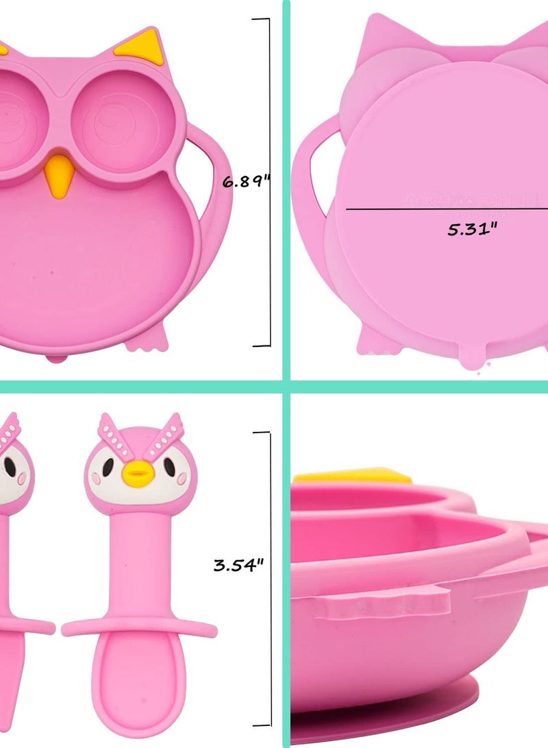 Suction Plate for Baby, Silicone Divided Plates with Suction, Toddler Baby Spoon Fork Plate Set, Perfect Baby Dishes with Kids Plates, Pink Owl Design