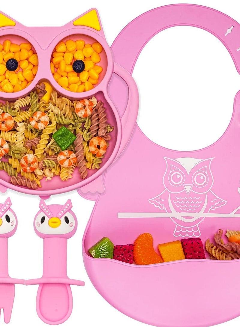 Suction Plate for Baby, Silicone Divided Plates with Suction, Toddler Baby Spoon Fork Plate Set, Perfect Baby Dishes with Kids Plates, Pink Owl Design