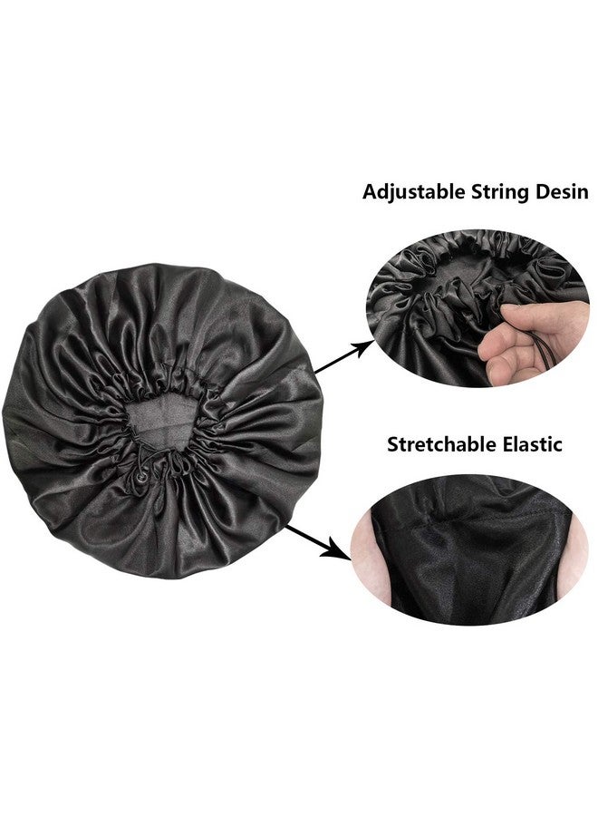 Satin Bonnets Adjustable Satin Bonnets For Women Double Layer Large Sleeping Silk Bonnet Soft Sleep Bonnet For Women Girls Curly Natural Hair Night Sleep Cap(Black)