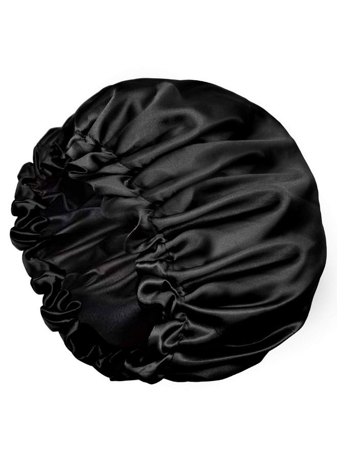 Satin Bonnets Adjustable Satin Bonnets For Women Double Layer Large Sleeping Silk Bonnet Soft Sleep Bonnet For Women Girls Curly Natural Hair Night Sleep Cap(Black)