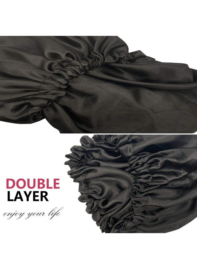 Satin Bonnets Adjustable Satin Bonnets For Women Double Layer Large Sleeping Silk Bonnet Soft Sleep Bonnet For Women Girls Curly Natural Hair Night Sleep Cap(Black)