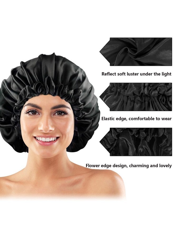 Satin Bonnets Adjustable Satin Bonnets For Women Double Layer Large Sleeping Silk Bonnet Soft Sleep Bonnet For Women Girls Curly Natural Hair Night Sleep Cap(Black)