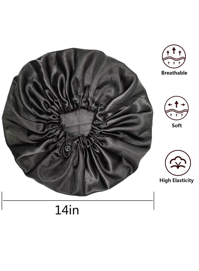 Satin Bonnets Adjustable Satin Bonnets For Women Double Layer Large Sleeping Silk Bonnet Soft Sleep Bonnet For Women Girls Curly Natural Hair Night Sleep Cap(Black)