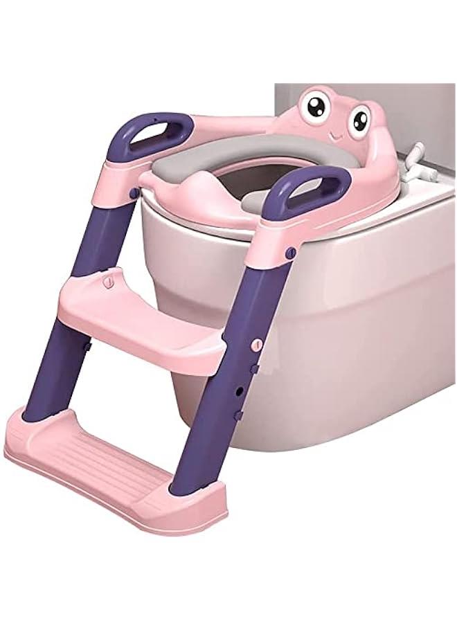 2 In 1 Foldable Kids Toilet Training Seat With Adjustable Step Stool Ladder, Pink