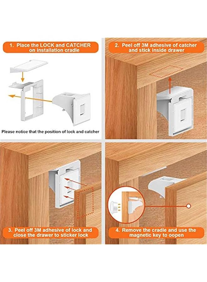 Baby Proofing Safety Magnetic Cabinet Locks (White, 8 Locks And 2 Keys)