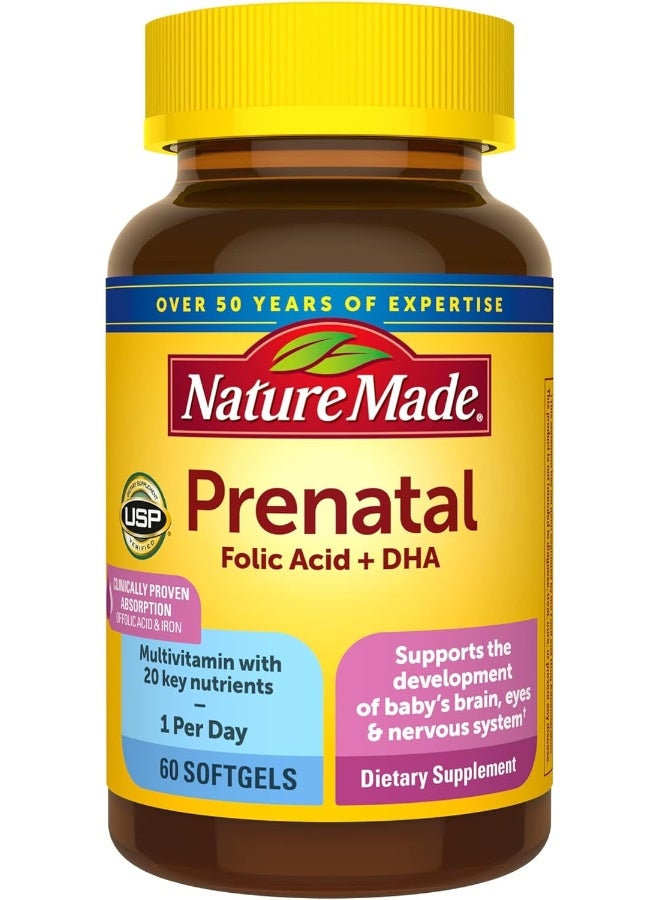 Prenatal With Folic Acid + Dha Prenatal Vitamin And Mineral Supplement For Daily Nutritional Support 60 Softgels 60 Day Supply