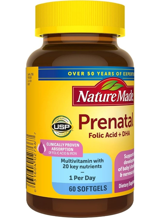 Prenatal With Folic Acid + Dha Prenatal Vitamin And Mineral Supplement For Daily Nutritional Support 60 Softgels 60 Day Supply