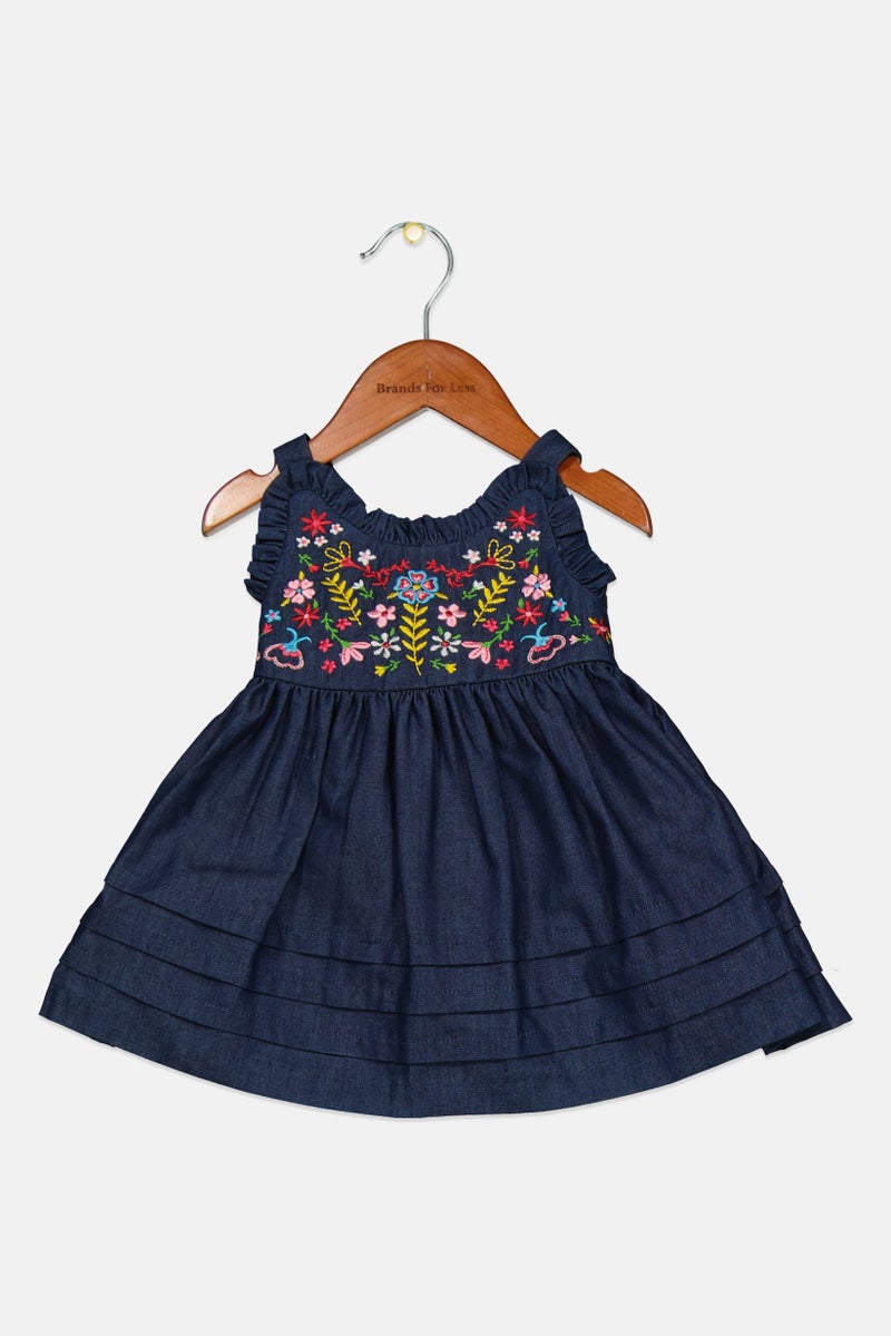 Toddlers Girl Embroidered Dress, Blue Combo