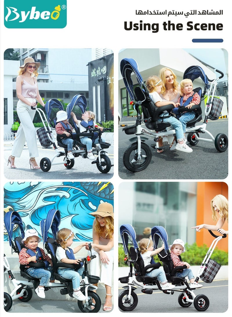 4-in-1 Double Twin Stroller, Tandem Baby Trolley, Kids Tricycle, Baby Stroll Trike with Adjustable Push Handle, Baby Stroller for Two Kids, with Removable Canopy, Guardrail and Rotatable Seat