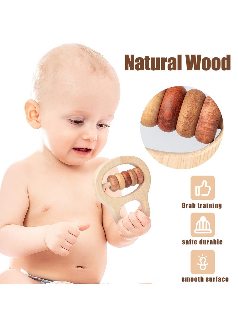 4Pcs Montessori Wooden Rattle Toy Set, Handbell Toys for Baby 0 6 12 Months Early Education Natural Wood Puzzle Color Shaker Bell Set