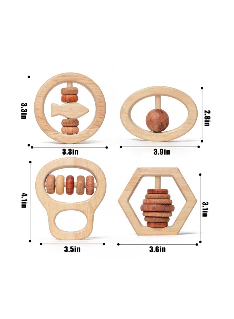 4Pcs Montessori Wooden Rattle Toy Set, Handbell Toys for Baby 0 6 12 Months Early Education Natural Wood Puzzle Color Shaker Bell Set