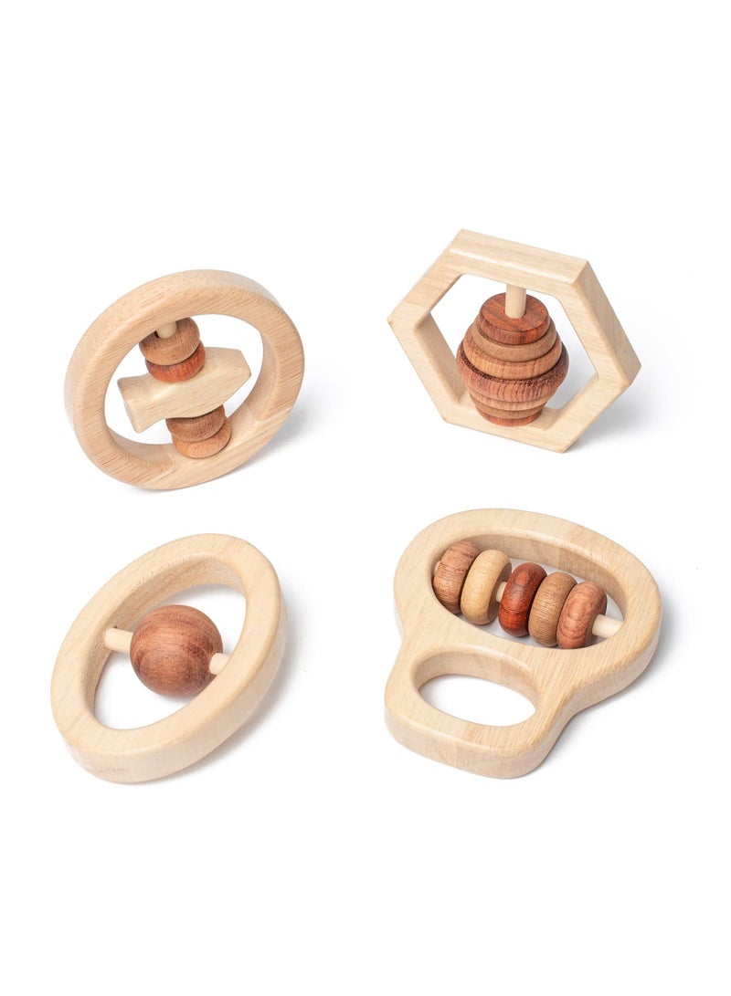 4Pcs Montessori Wooden Rattle Toy Set, Handbell Toys for Baby 0 6 12 Months Early Education Natural Wood Puzzle Color Shaker Bell Set