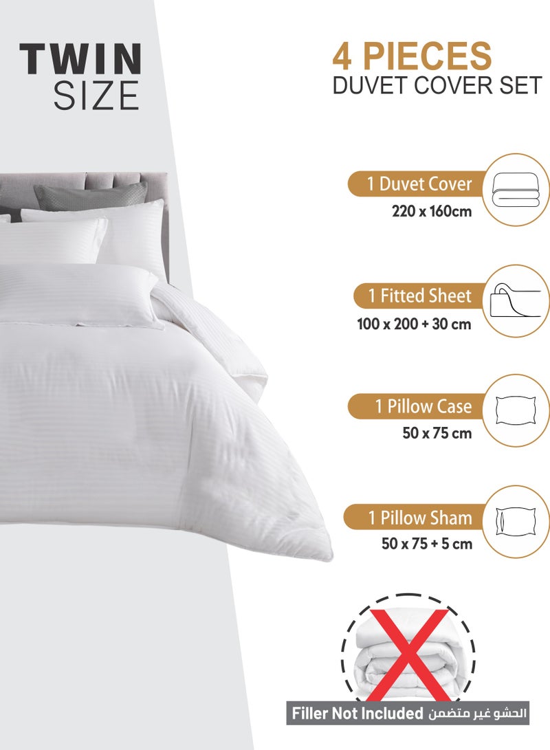 Duvet Set 4-Pcs Single Size Striped Microfiber Bed Set Fits(100x200 CM) With Duvet Cover Fitted Sheet Pillow Sham And Pillowcases(Without Filler),White