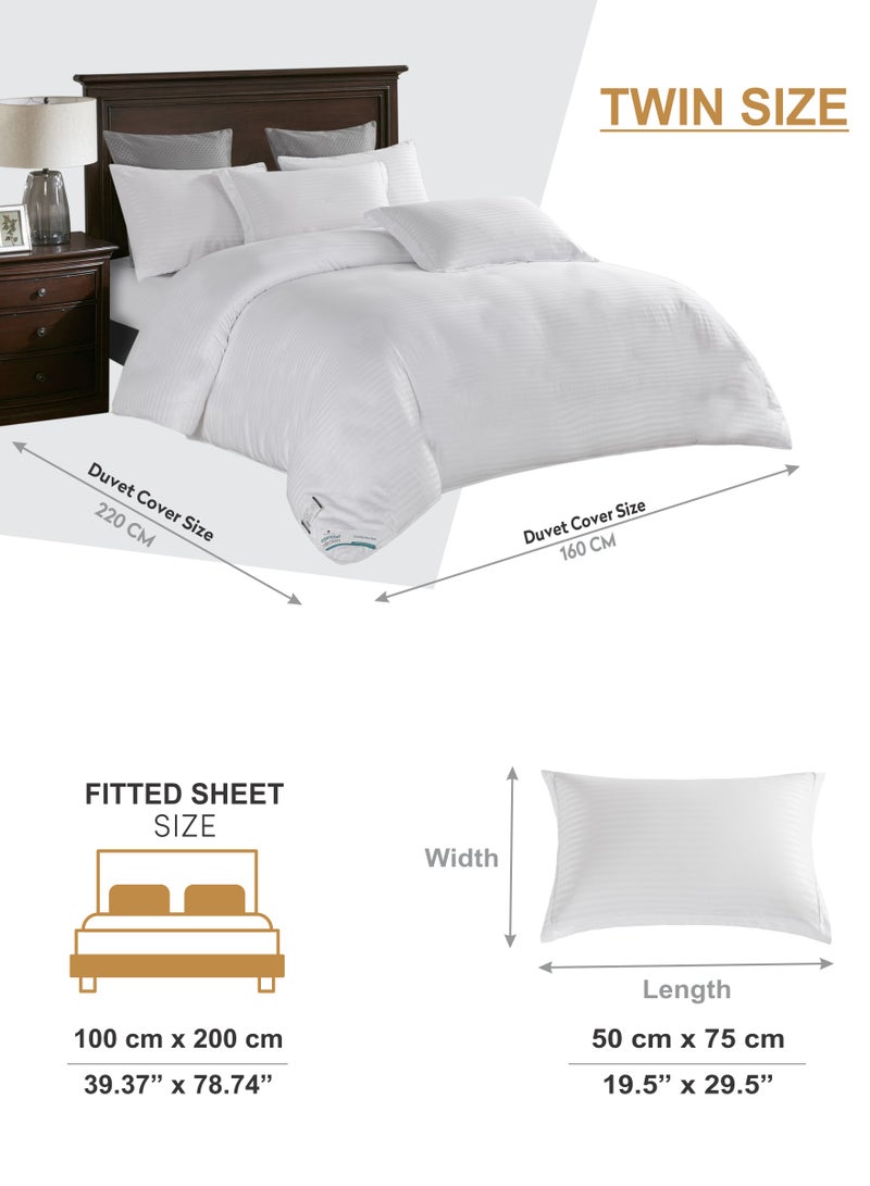 Duvet Set 4-Pcs Single Size Striped Microfiber Bed Set Fits(100x200 CM) With Duvet Cover Fitted Sheet Pillow Sham And Pillowcases(Without Filler),White