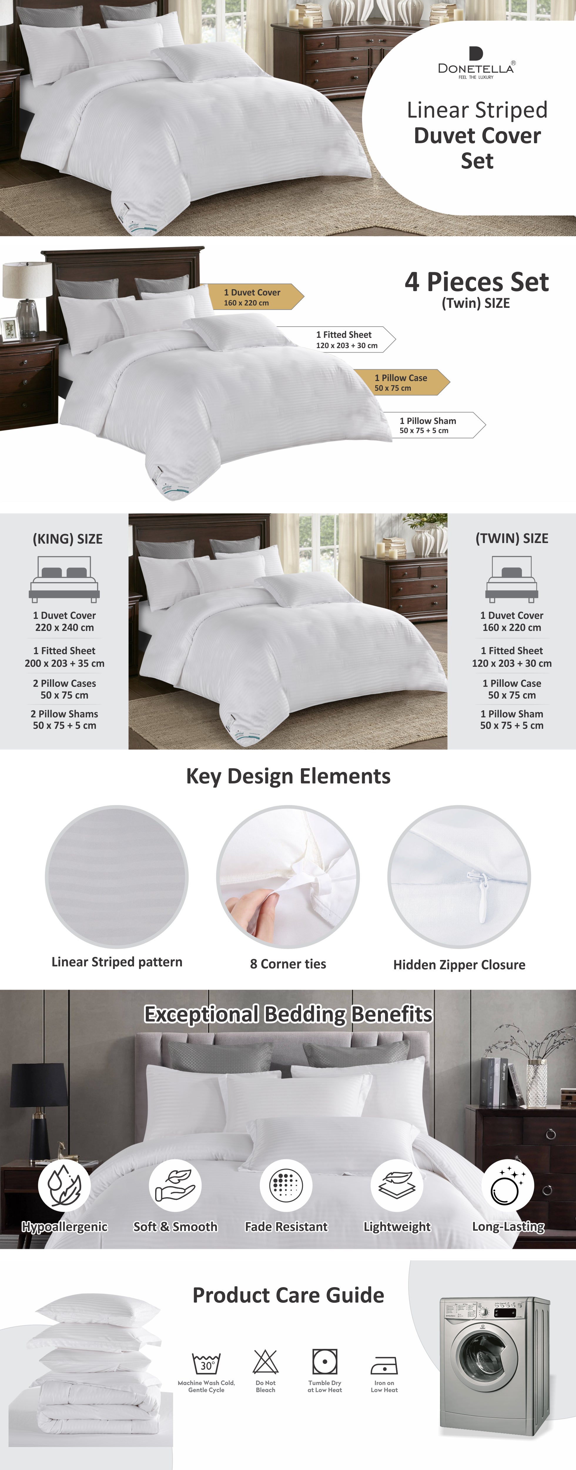Duvet Set 4-Pcs Single Size Striped Microfiber Bed Set With 1 Duvet Cover(160 x 220 CM ) 1 Fitted Sheet 1 Pillow Sham And 1 Pillowcase(Without Filler),White