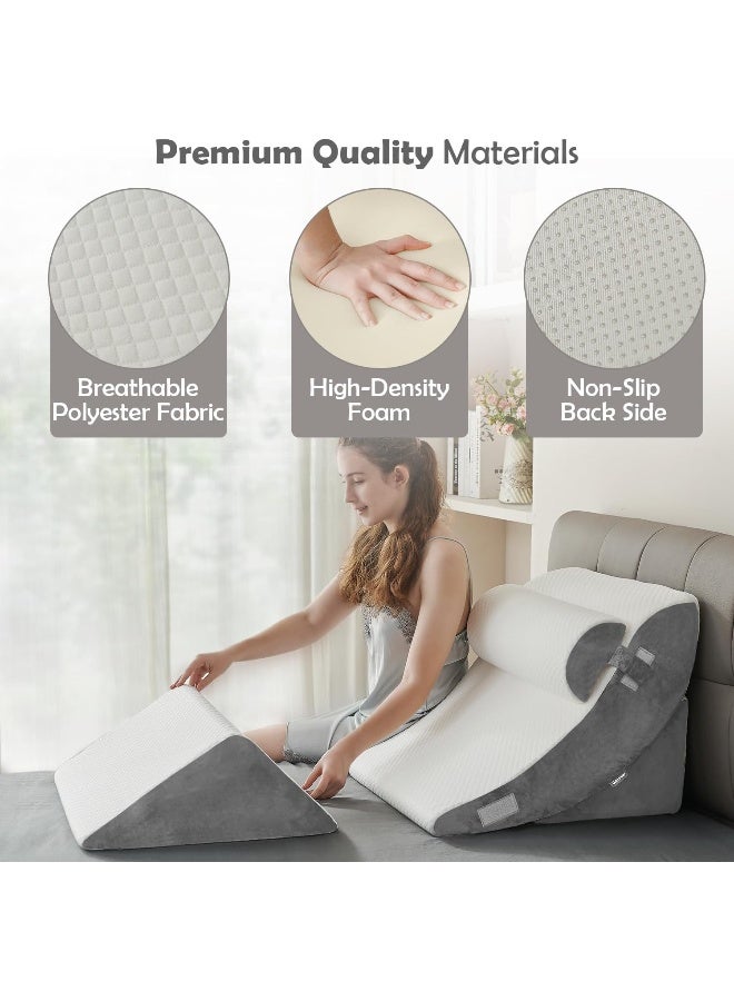 4 Pieces Orthopedic Bed Wedge Pillow Set – Post Surgery Relaxing Back Adjustable Head Support Cushion – Triangle Memory Foam Pillow for Acid Reflux Sleeping Reading Leg Elevation