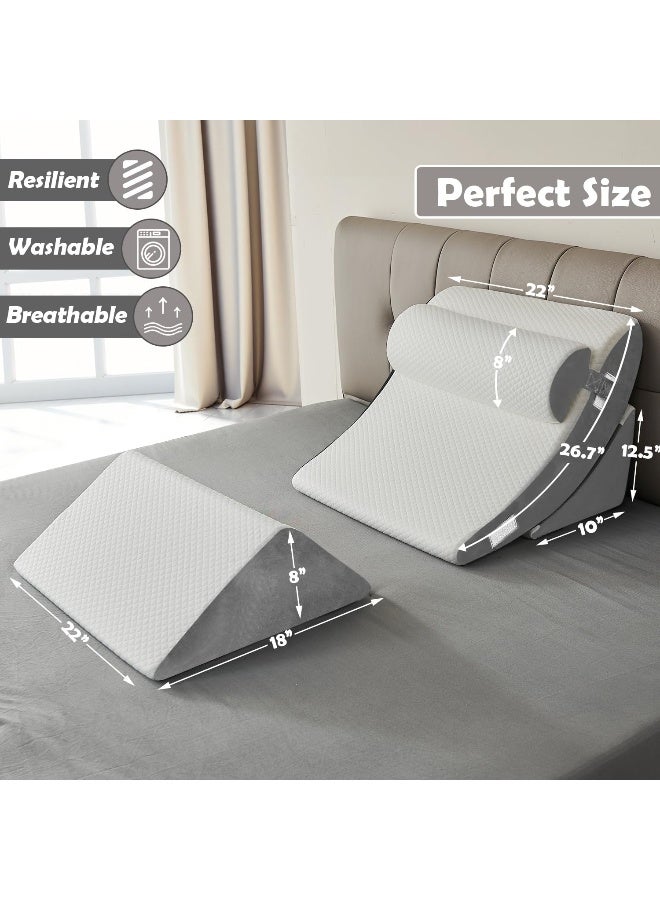 4 Pieces Orthopedic Bed Wedge Pillow Set – Post Surgery Relaxing Back Adjustable Head Support Cushion – Triangle Memory Foam Pillow for Acid Reflux Sleeping Reading Leg Elevation