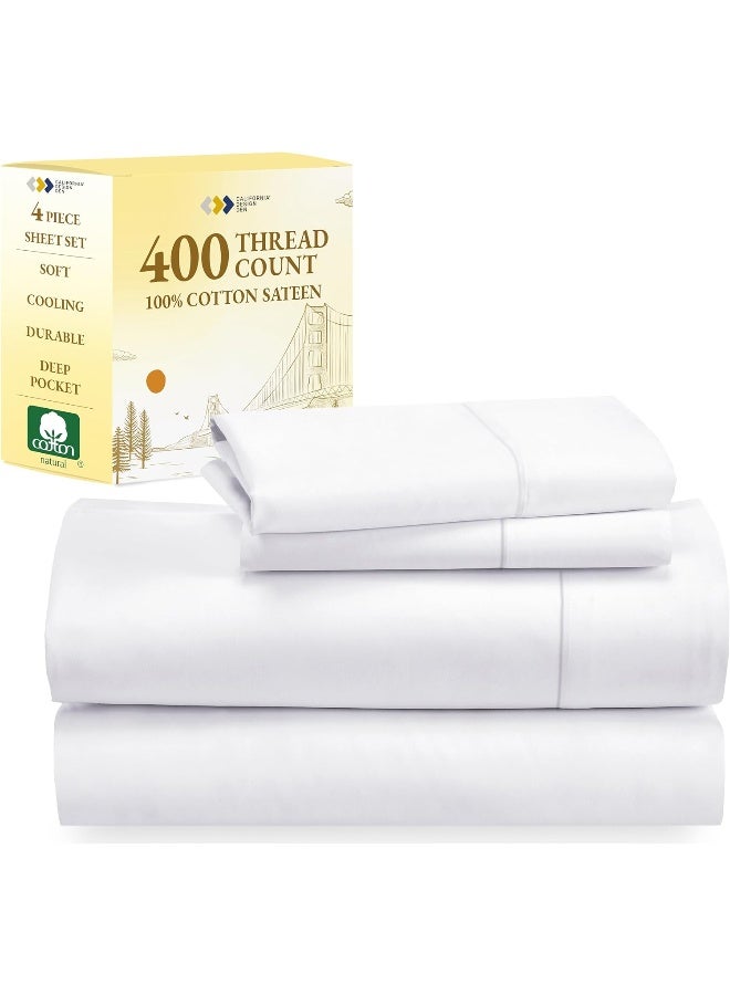 King Size Sheets, 100% Cotton Sheets Set, Soft Luxurious 400 Thread Count, 4 Pc Deep Pocket King Sheets  Pillowcase Set (Bright White Sheets)