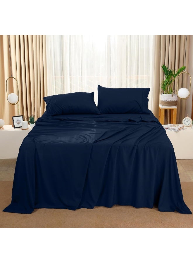 King Bed Sheets Set - 4 Piece Bedding - Brushed Microfiber - Shrinkage and Fade Resistant - Easy Care (King, Navy)