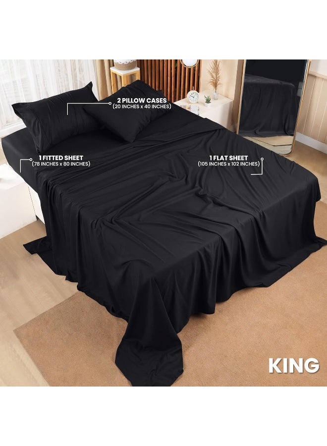 King Bed Sheets Set - 4 Piece Bedding - Brushed Microfiber - Shrinkage and Fade Resistant - Easy Care (King, Black)