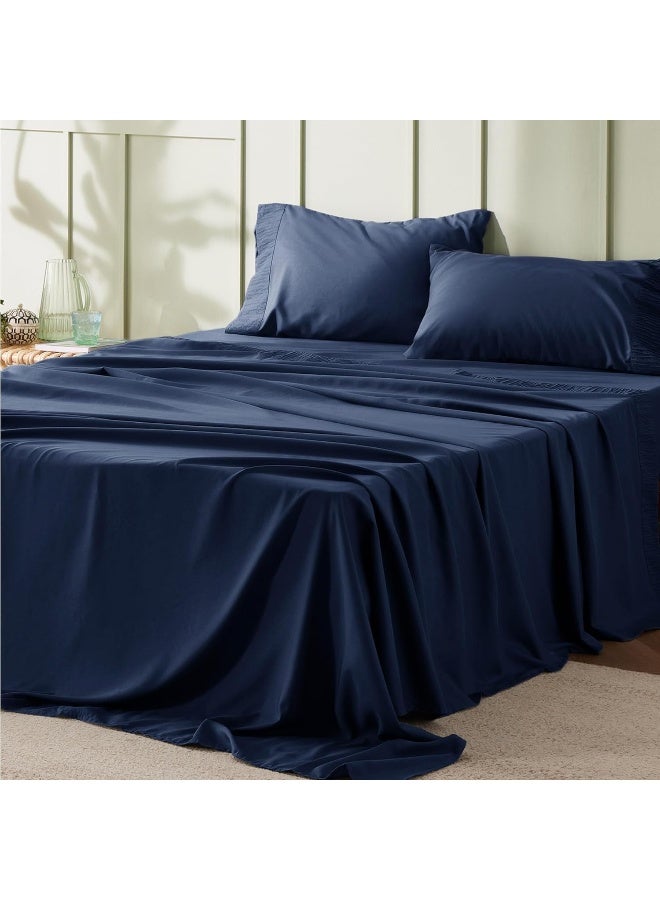 Queen Sheets Navy - Soft Sheets for Queen Size Bed, 4 Pieces Hotel Luxury Queen Sheet Set, Easy Care Polyester Microfiber Cooling Bed Sheet Set