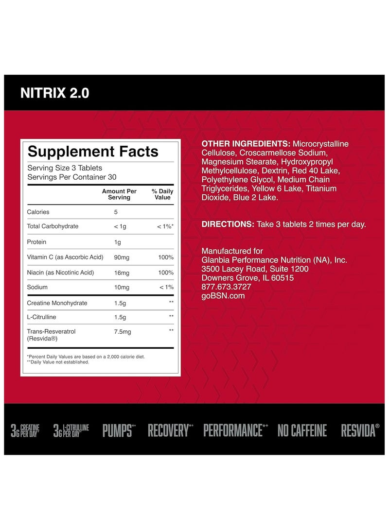 NITRIX 2.0 Nitric Oxide Precursors 3g Creatine 3g L Citrulline Supports Workout Performance Pumps Muscle Recovery and Endurance  90 Tablets