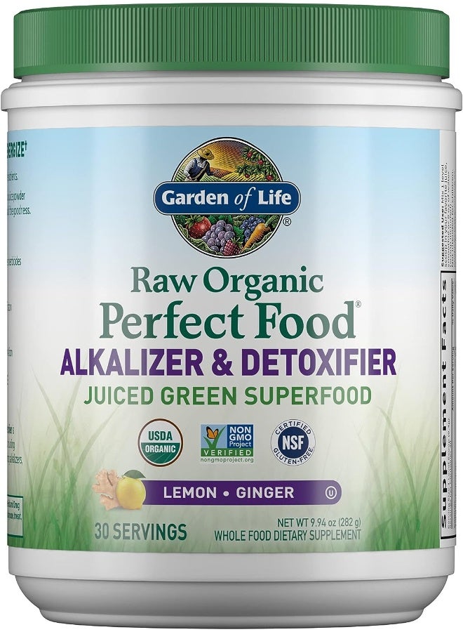 Garden of Life Raw Organic Perfect Food Alkalizer & Detoxifier Juiced Greens Superfood Powder - Lemon Ginger, 30 Servings - Non-GMO, Gluten Free Whole Food Dietary Supplement, Plus Probiotics