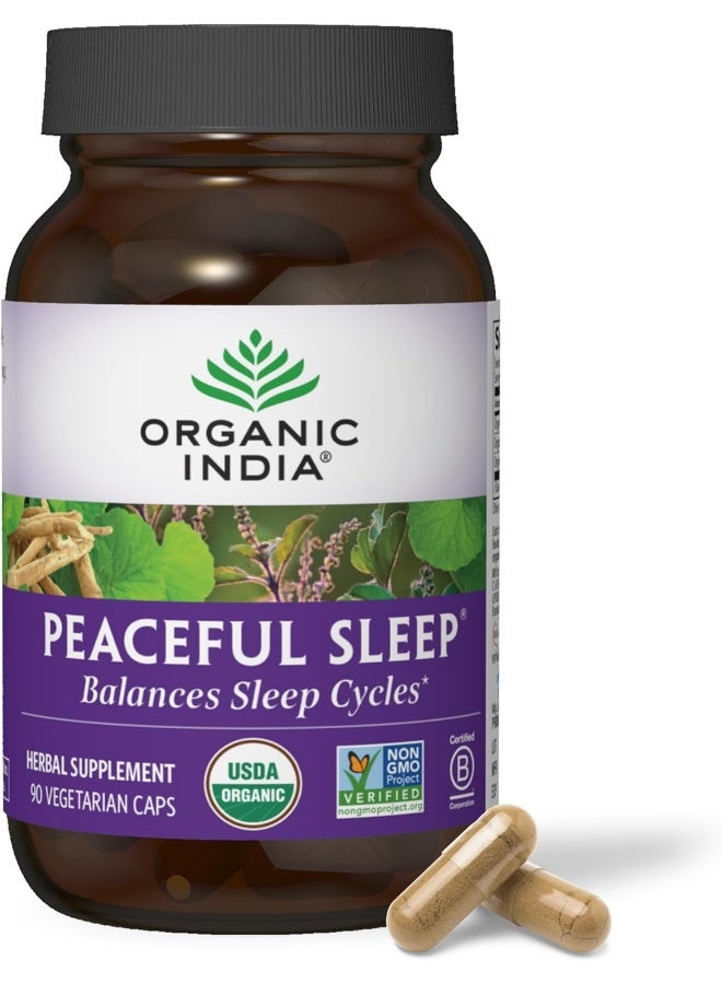 Organic India Peaceful Sleep Herbal Supplement Supports Sleep Cycles Vegan Gluten-Free Usda Certified Organic Non-Gmo Supports Energy & Relaxation 90 Capsules