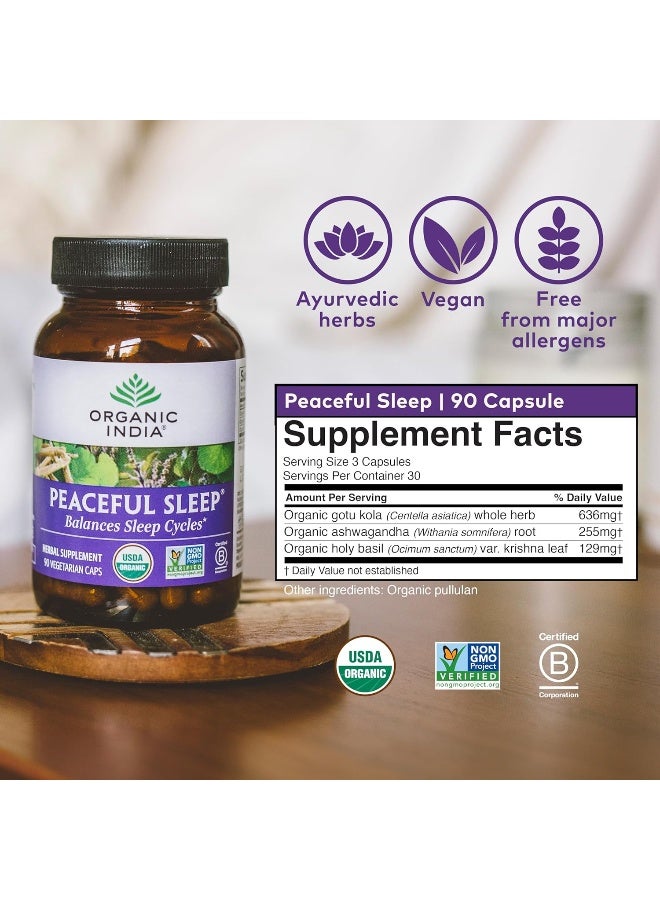 Organic India Peaceful Sleep Herbal Supplement Supports Sleep Cycles Vegan Gluten-Free Usda Certified Organic Non-Gmo Supports Energy & Relaxation 90 Capsules