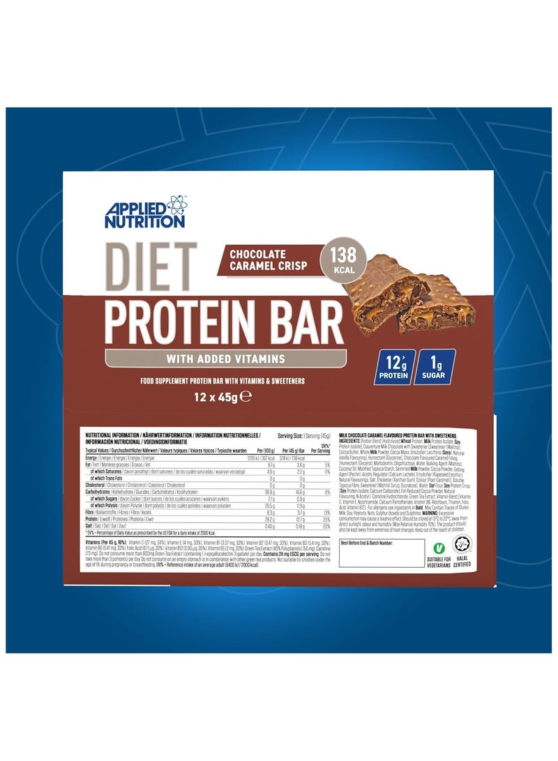 Diet Protein Bar High Protein Low Sugar Protein Snack Bar with Added Vitamins Chocolate Carmel Crisp 45 g pack of 12