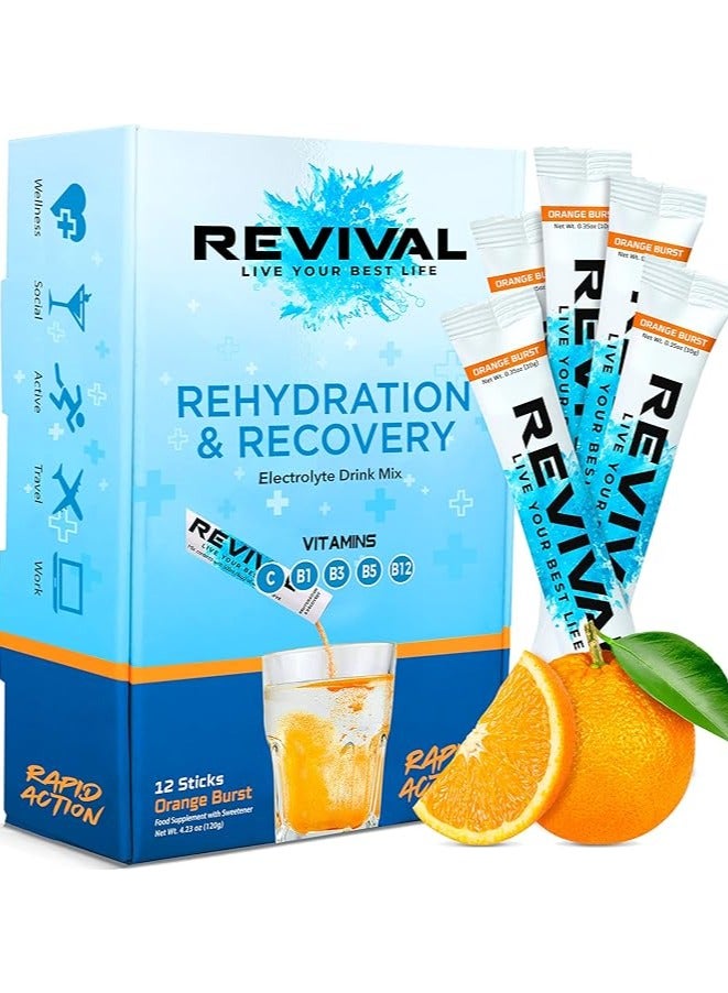 Rapid Rehydration Electrolytes Powder - High Strength Vitamin C, B1, B3, B5, B12 Supplement Sachet Drink, Effervescent Hydration Orange Burst, 12 Count - Pack Of 1