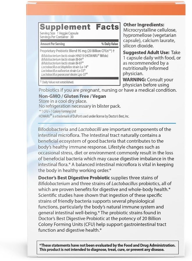 Probiotic Non-Gmo Gluten Free Vegan 20 Billion Cfu 30 Veggie Caps