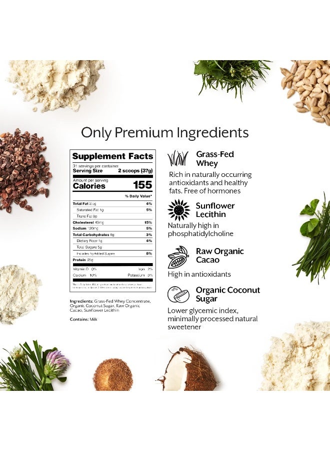 Whey Protein Powder Raw Chocolate 5Lb Bulk Grass-Fed & 100% All Natural Gluten-Free & Keto-Friendly