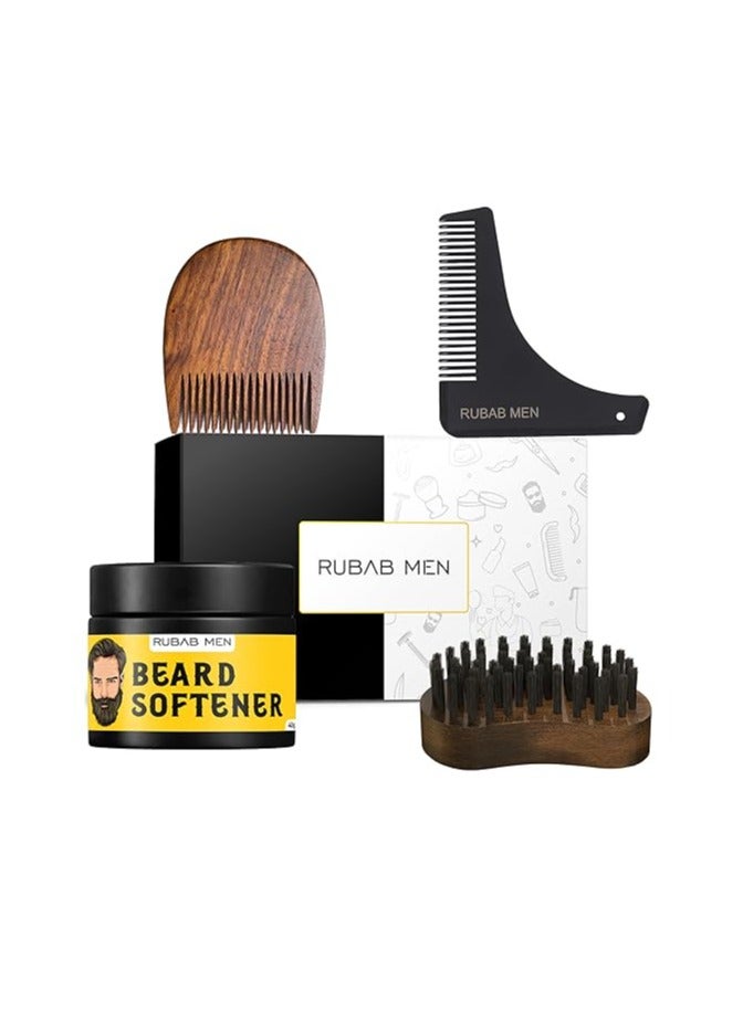 Beard Grooming 4-in-1 Kit for Men | Beard Brush, Hair & Beard Softener Balm, L-Shaped Beard Shaper Tool & Wooden Beard Comb for Men | Pack of 4