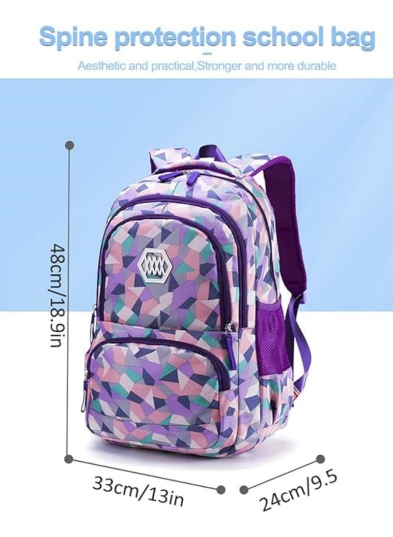3PCS School Bags Children School Backpack Geometric Print Backpack School Bags For Teenagers Large Capacity Backpack Waterproof Backpacks 3 in 1 School Bag Lunch Bag and Pencil Case  (Purple)