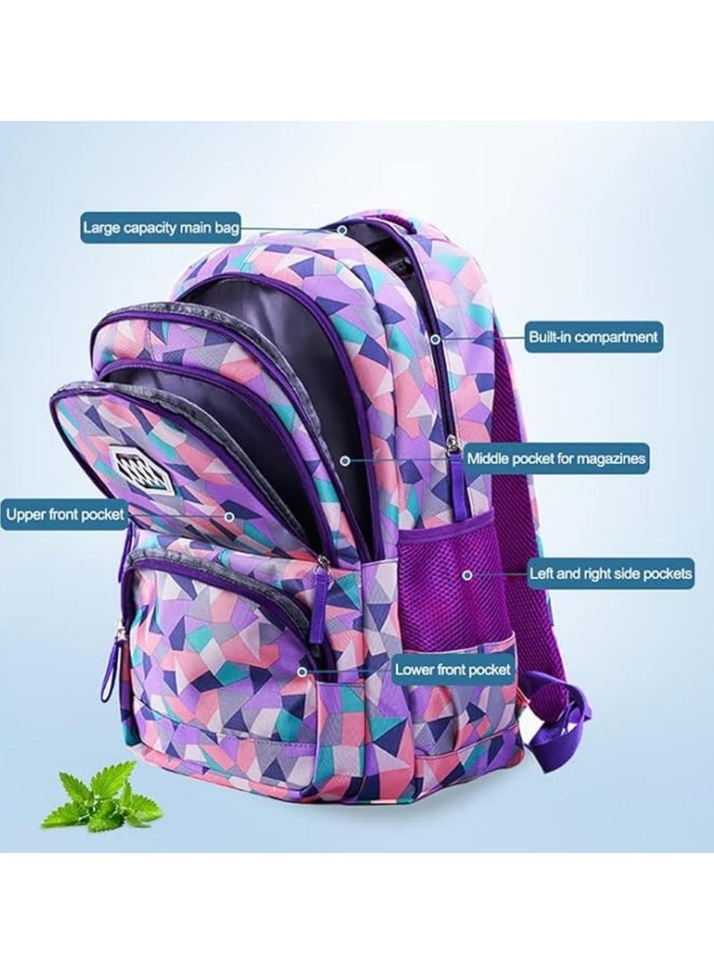 3PCS School Bags Children School Backpack Geometric Print Backpack School Bags For Teenagers Large Capacity Backpack Waterproof Backpacks 3 in 1 School Bag Lunch Bag and Pencil Case  (Purple)