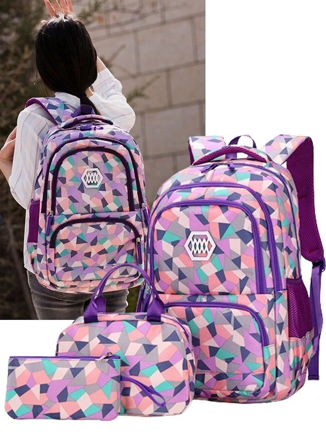 3PCS School Bags Children School Backpack Geometric Print Backpack School Bags For Teenagers Large Capacity Backpack Waterproof Backpacks 3 in 1 School Bag Lunch Bag and Pencil Case  (Purple)