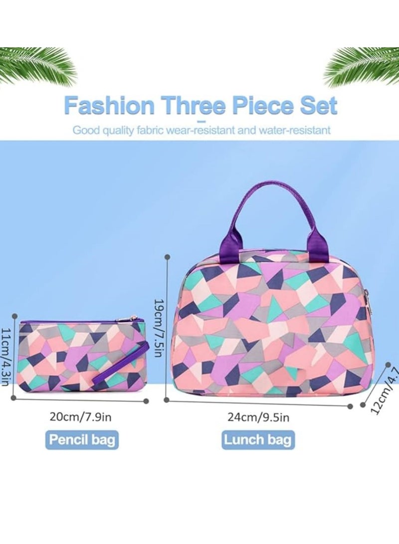 3PCS School Bags Children School Backpack Geometric Print Backpack School Bags For Teenagers Large Capacity Backpack Waterproof Backpacks 3 in 1 School Bag Lunch Bag and Pencil Case  (Purple)