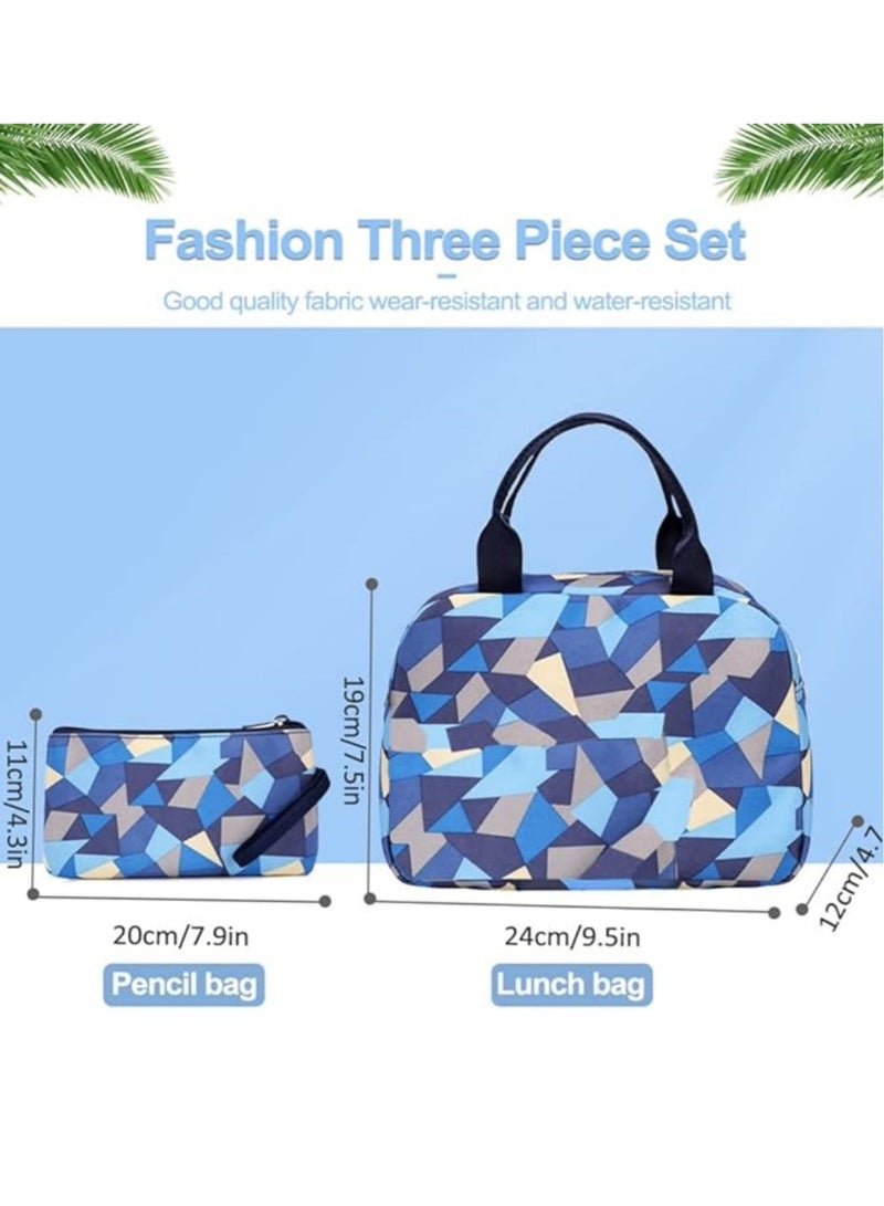3PCS School Bags Children School Backpack Geometric Print Backpack School Bags For Teenagers Large Capacity Backpack Waterproof Backpacks 3 in 1 School Bag Lunch Bag and Pencil Case  (Blue)