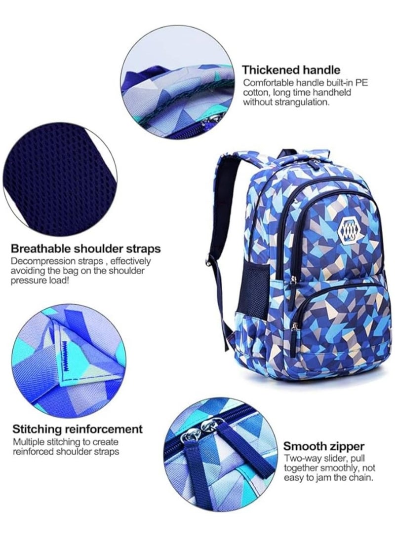 3PCS School Bags Children School Backpack Geometric Print Backpack School Bags For Teenagers Large Capacity Backpack Waterproof Backpacks 3 in 1 School Bag Lunch Bag and Pencil Case  (Blue)