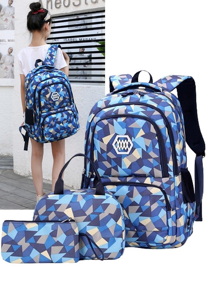 3PCS School Bags Children School Backpack Geometric Print Backpack School Bags For Teenagers Large Capacity Backpack Waterproof Backpacks 3 in 1 School Bag Lunch Bag and Pencil Case  (Blue)