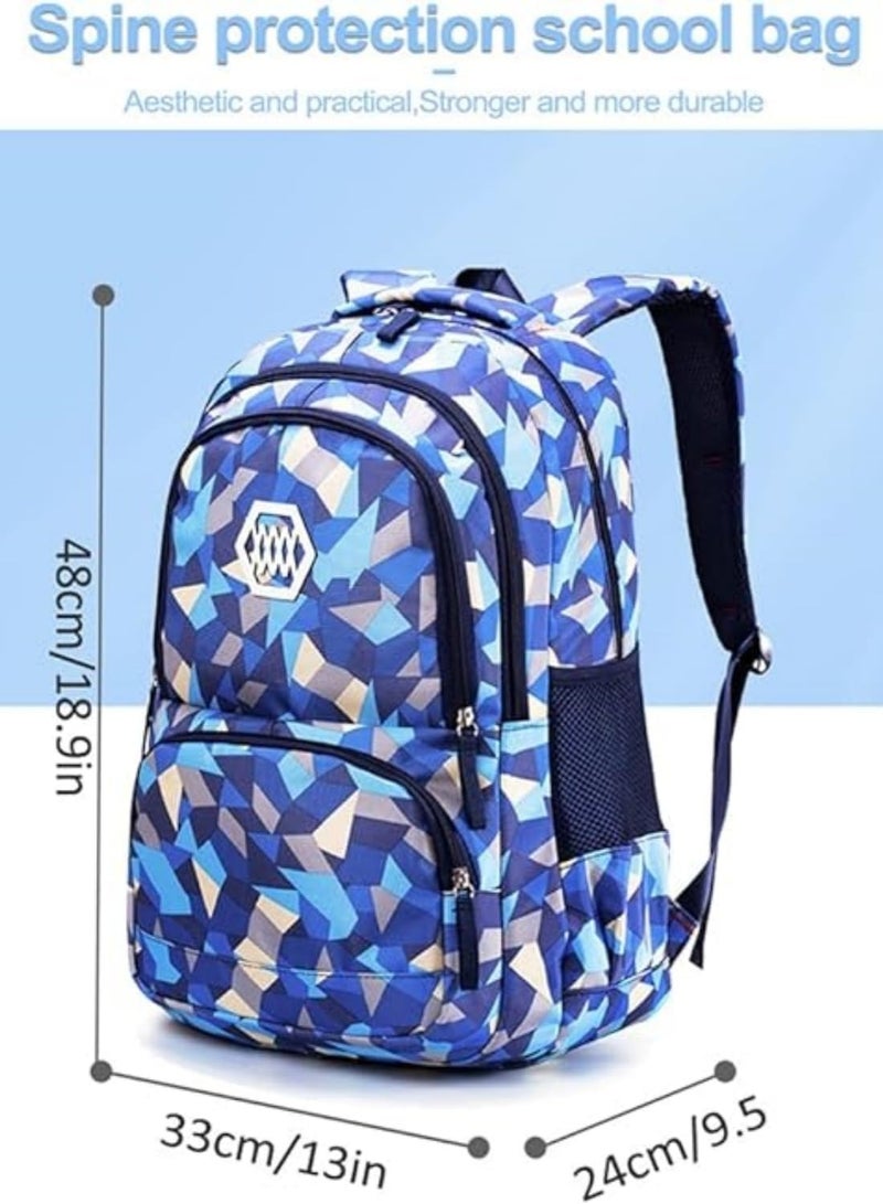 3PCS School Bags Children School Backpack Geometric Print Backpack School Bags For Teenagers Large Capacity Backpack Waterproof Backpacks 3 in 1 School Bag Lunch Bag and Pencil Case  (Blue)