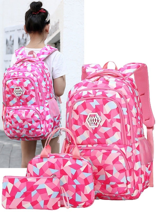 3PCS School Bags Children School Backpack Geometric Print Backpack School Bags For Teenagers Large Capacity Backpack Waterproof Backpacks 3 in 1 School Bag Lunch Bag and Pencil Case (Pink)